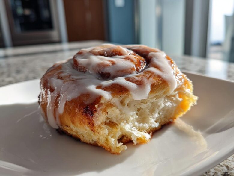 A close-up of a single, fluffy Tres Leches Cinnamon Roll topped with white glaze, sitting on a white plate.