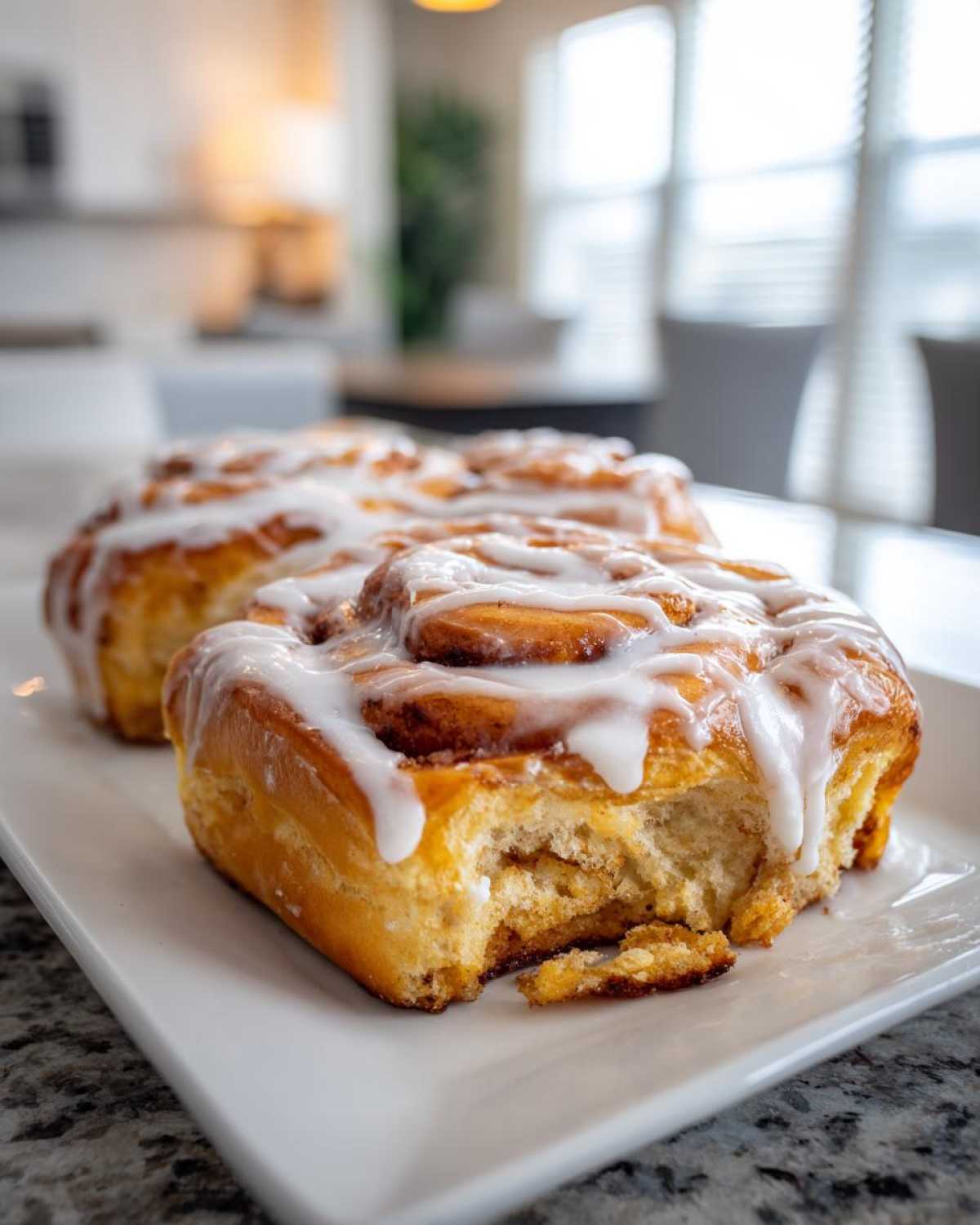Two moist Tres Leches Cinnamon Rolls drizzled with thick white icing, one with a bite taken out, served on a white plate.