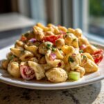 Close-up of Vegan Creamy Lemon Chickpea Pasta Salad with shells, chickpeas, tomatoes, and celery.