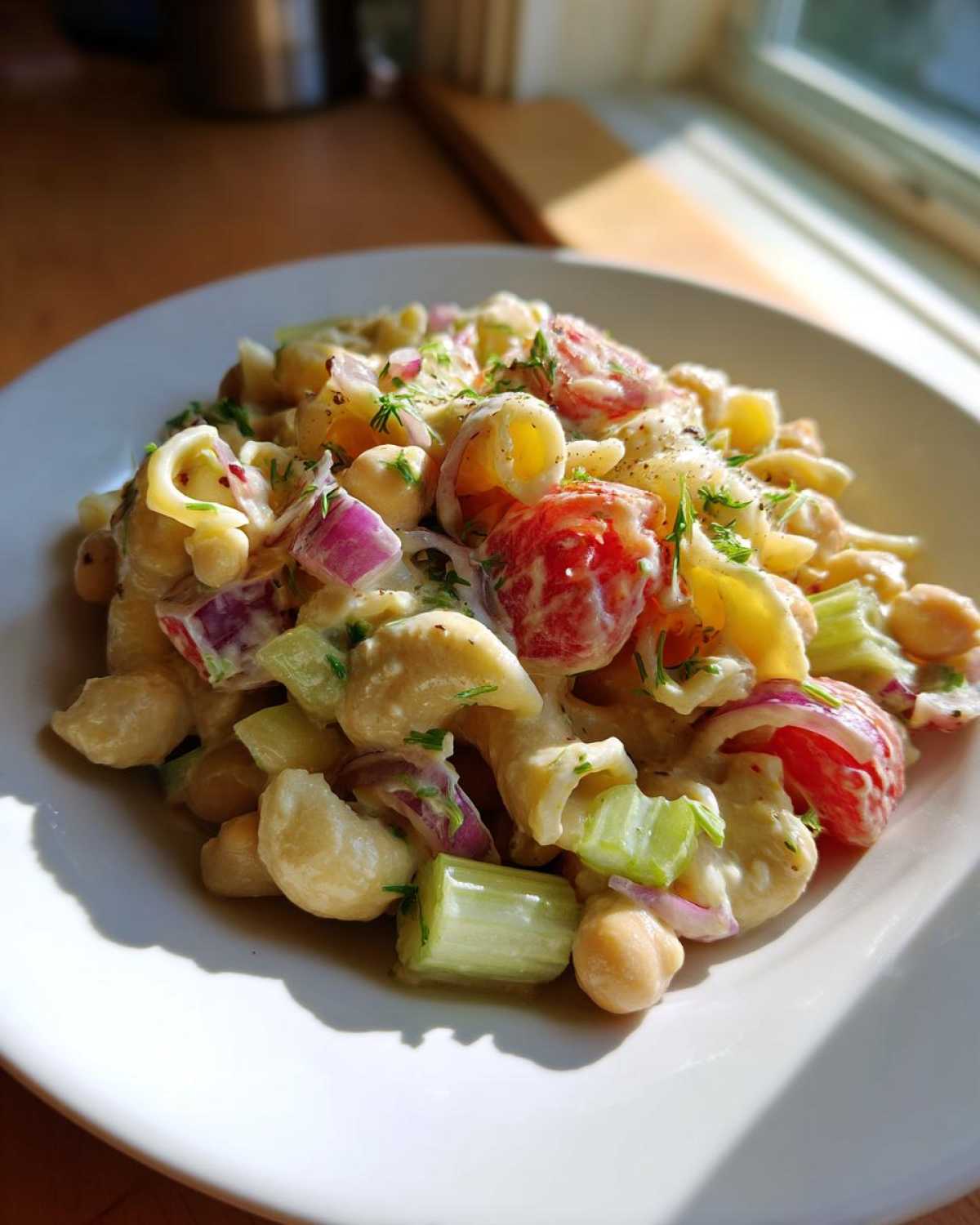 Close-up of Vegan Creamy Lemon Chickpea Pasta Salad with pasta, chickpeas, celery, and red onion on a white plate.