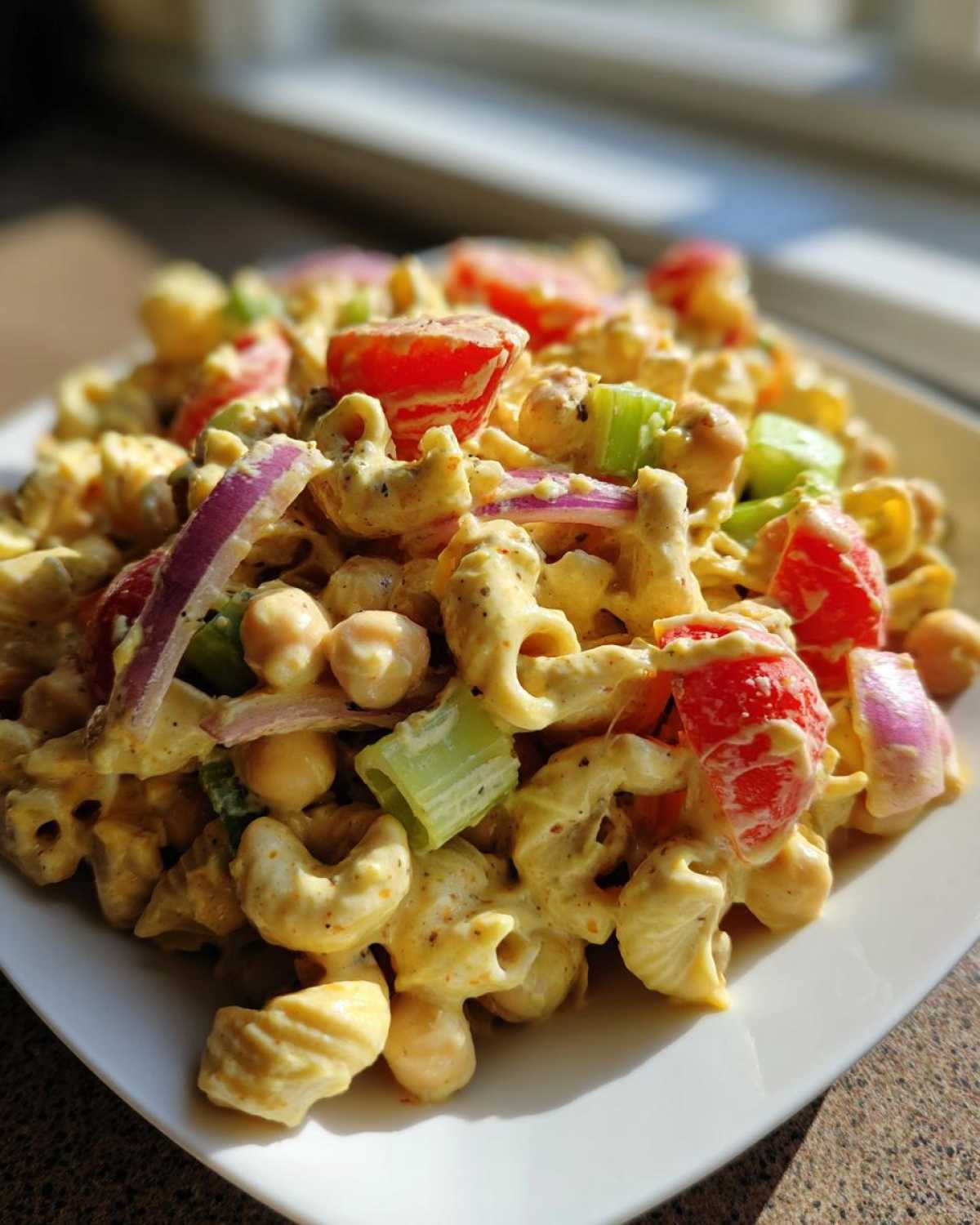Close-up of Vegan Creamy Lemon Chickpea Pasta Salad featuring elbow macaroni, chickpeas, red onion, and celery in a yellow dressing.