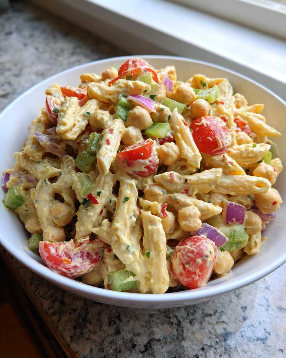 Close-up of Vegan Creamy Lemon Chickpea Pasta Salad in a white bowl with pasta, chickpeas, tomatoes, and celery.