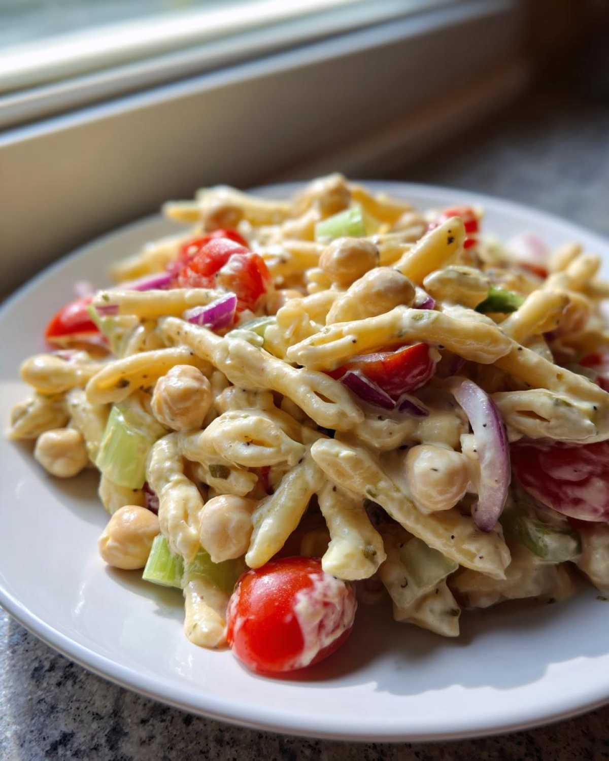 Close-up of Vegan Creamy Lemon Chickpea Pasta Salad with pasta, chickpeas, tomatoes, and red onion on a white plate.