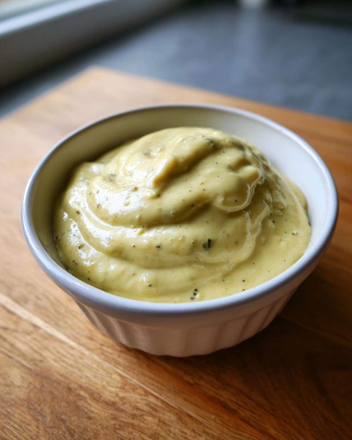 A close-up of thick, pale yellow Vegan Creamy Lemon Tahini Dressing speckled with herbs in a small white ramekin.