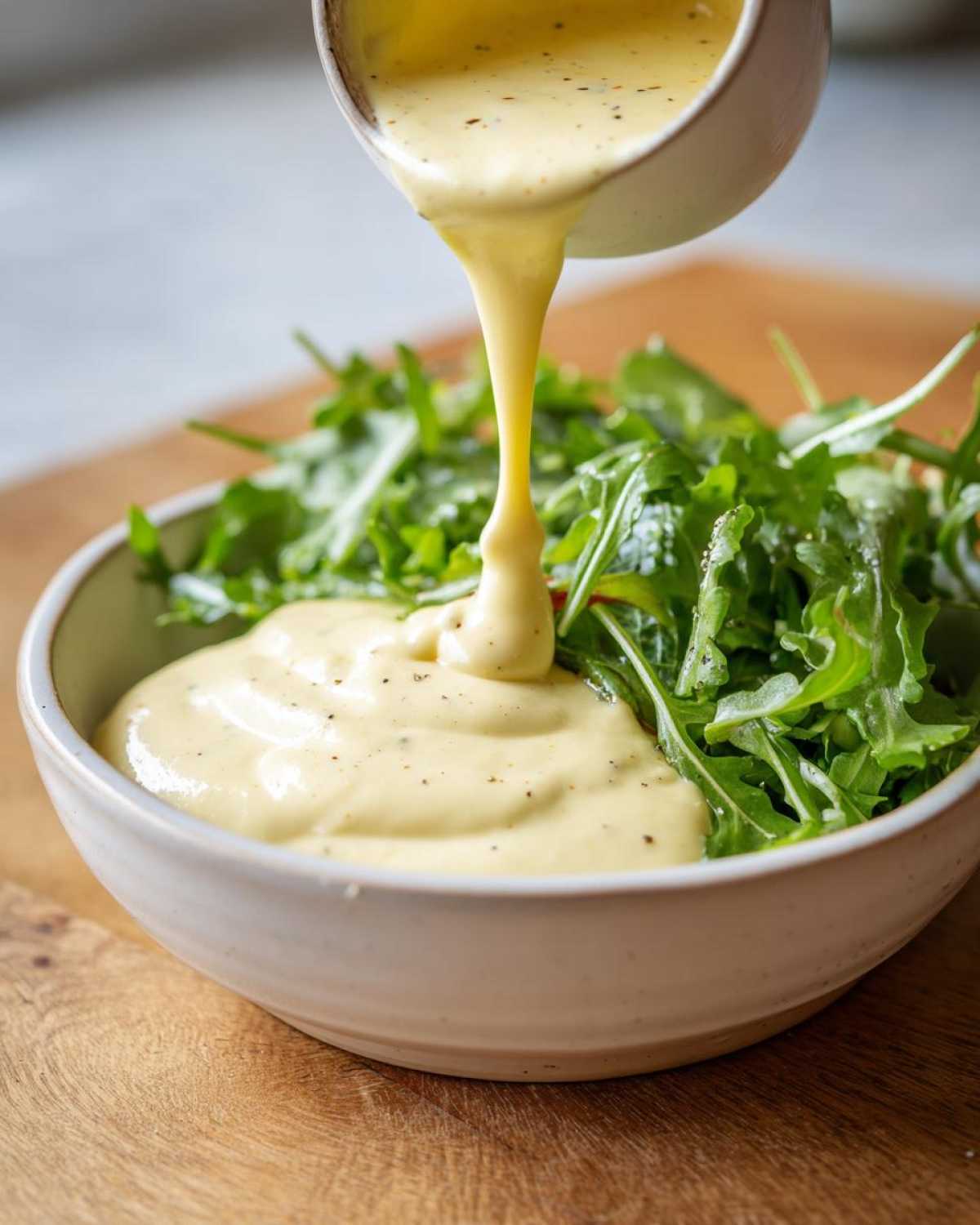 Pouring thick Vegan Creamy Lemon Tahini Dressing over a bowl of fresh arugula salad.