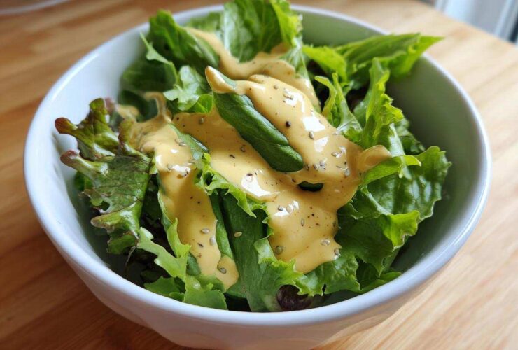 A white bowl filled with fresh green lettuce topped generously with Vegan Creamy Lemon Tahini Dressing.