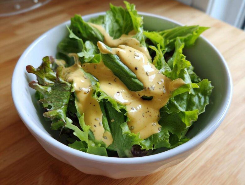 A white bowl filled with fresh green lettuce topped generously with Vegan Creamy Lemon Tahini Dressing.