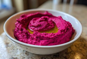 A close-up of bright magenta Vegan Creamy Roasted Beet Hummus swirled in a white bowl, drizzled with olive oil.