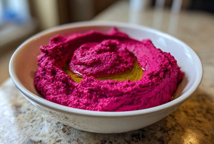 A close-up of bright magenta Vegan Creamy Roasted Beet Hummus swirled in a white bowl, drizzled with olive oil.