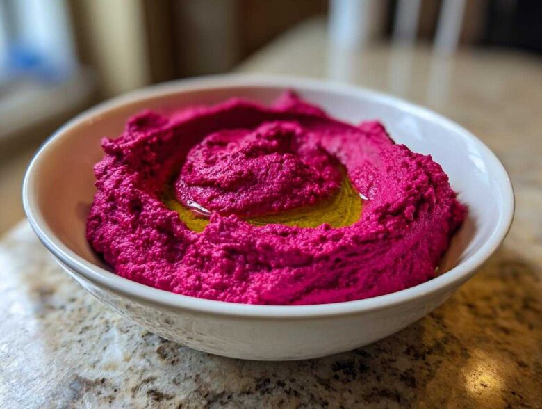 A close-up of bright magenta Vegan Creamy Roasted Beet Hummus swirled in a white bowl, drizzled with olive oil.