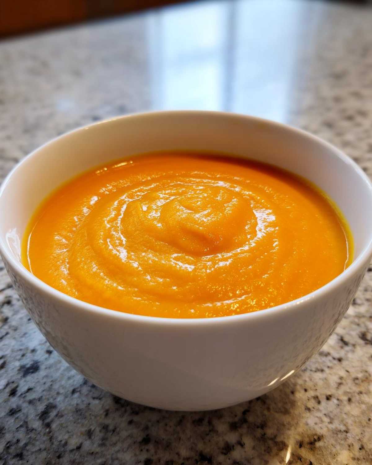 Close-up of a white bowl filled with vibrant orange Vegan Creamy Roasted Carrot Ginger Soup.