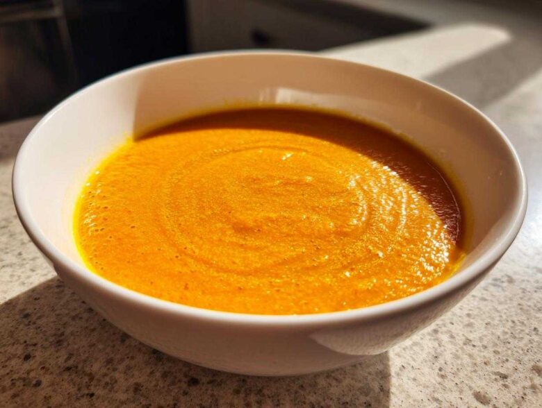 Close-up of a white bowl filled with vibrant orange Vegan Creamy Roasted Carrot Ginger Soup.