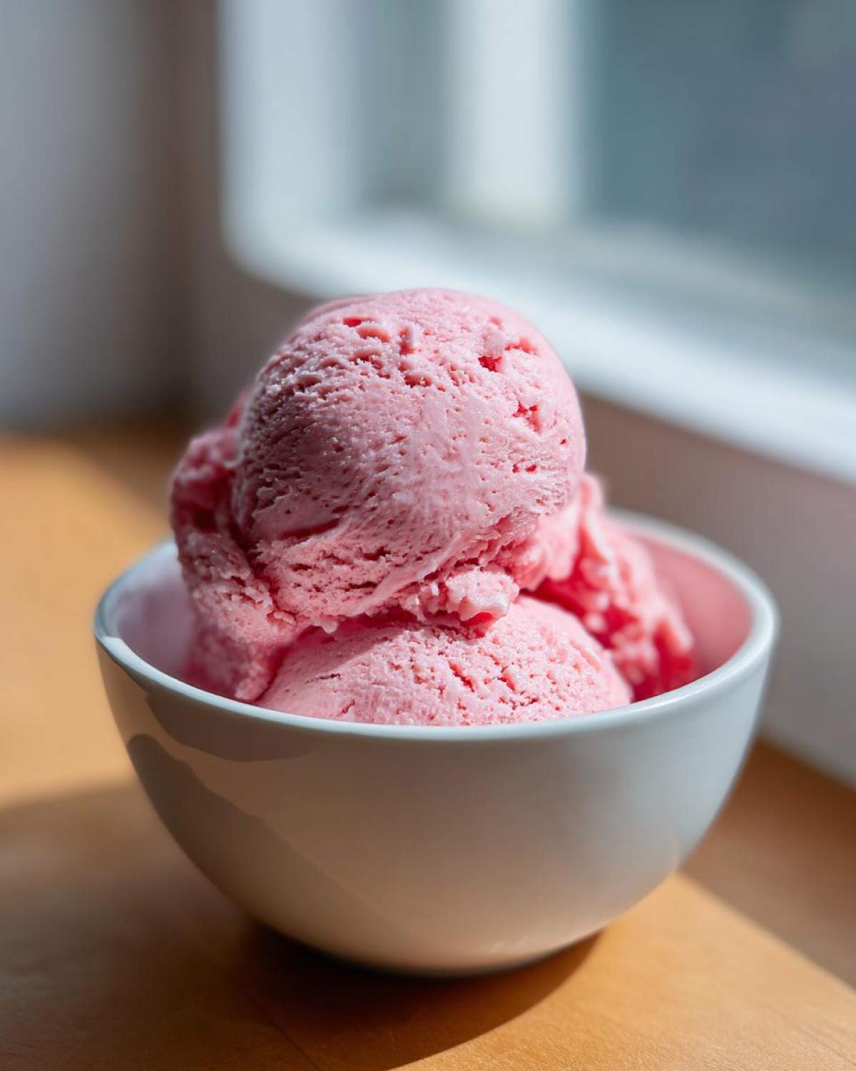Two scoops of bright pink Vegan Creamy Strawberry Oat Milk Ice Cream in a white bowl.
