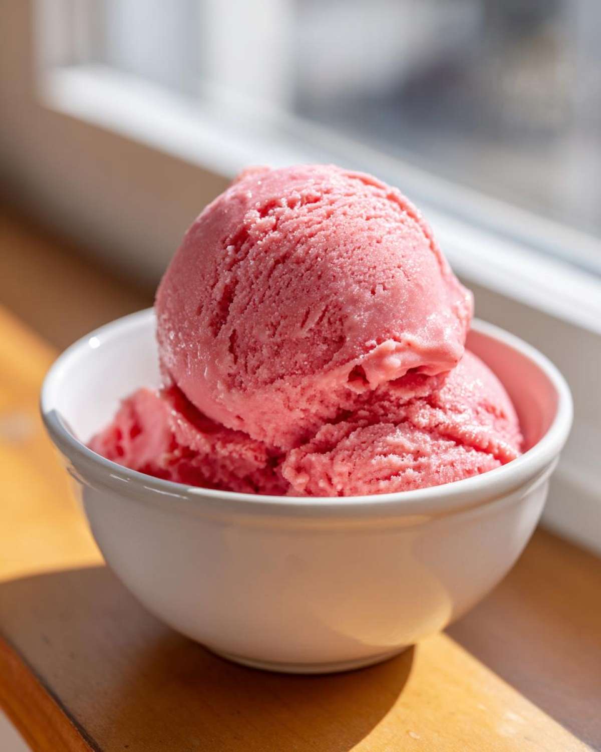 Two scoops of bright pink Vegan Creamy Strawberry Oat Milk Ice Cream in a white bowl.