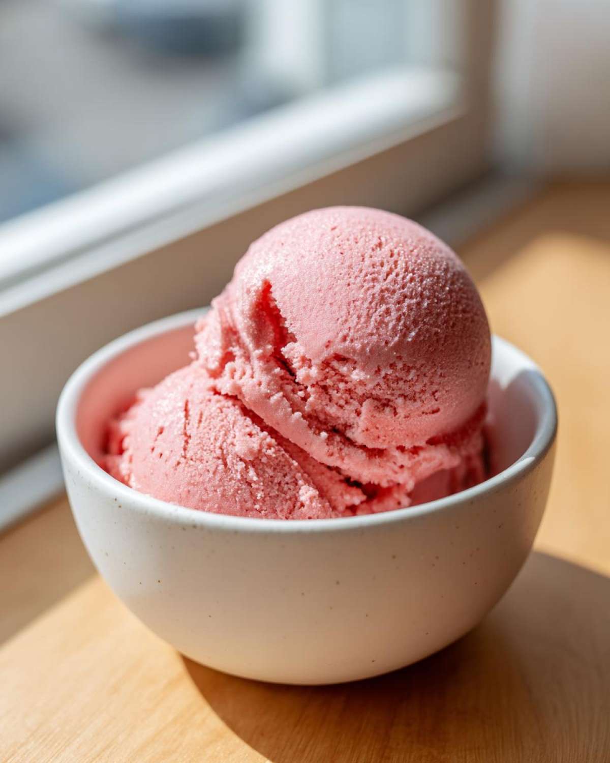 Two scoops of bright pink Vegan Creamy Strawberry Oat Milk Ice Cream in a small white bowl.