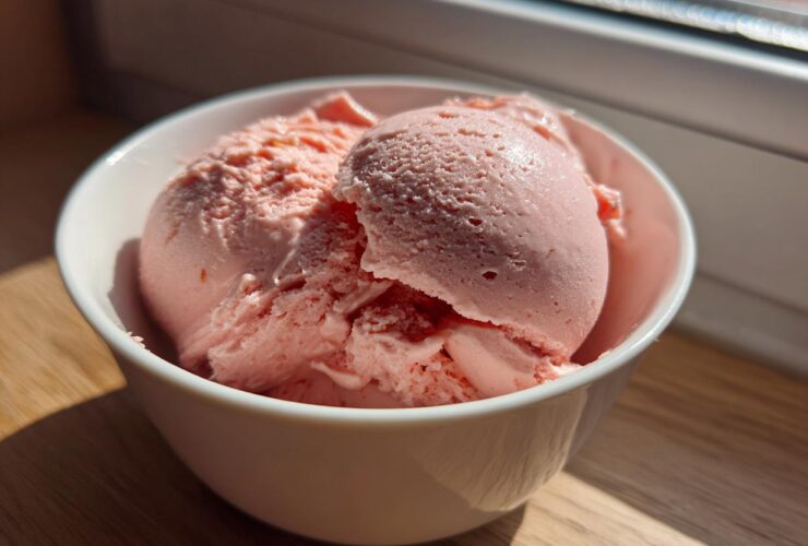 Two scoops of pink Vegan Creamy Strawberry Oat Milk Ice Cream in a white bowl.