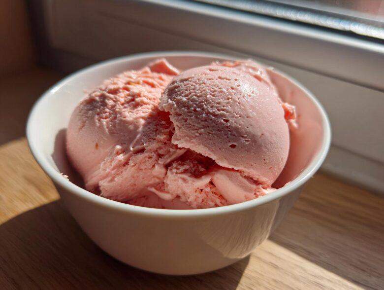 Two scoops of pink Vegan Creamy Strawberry Oat Milk Ice Cream in a white bowl.