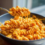 A spoonful of rotini pasta coated in thick Vegan Creamy Sweet Potato Mac Sauce being lifted from a dark bowl.
