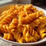 Close-up of rotini pasta coated in bright orange Vegan Creamy Sweet Potato Mac Sauce, sprinkled with paprika.