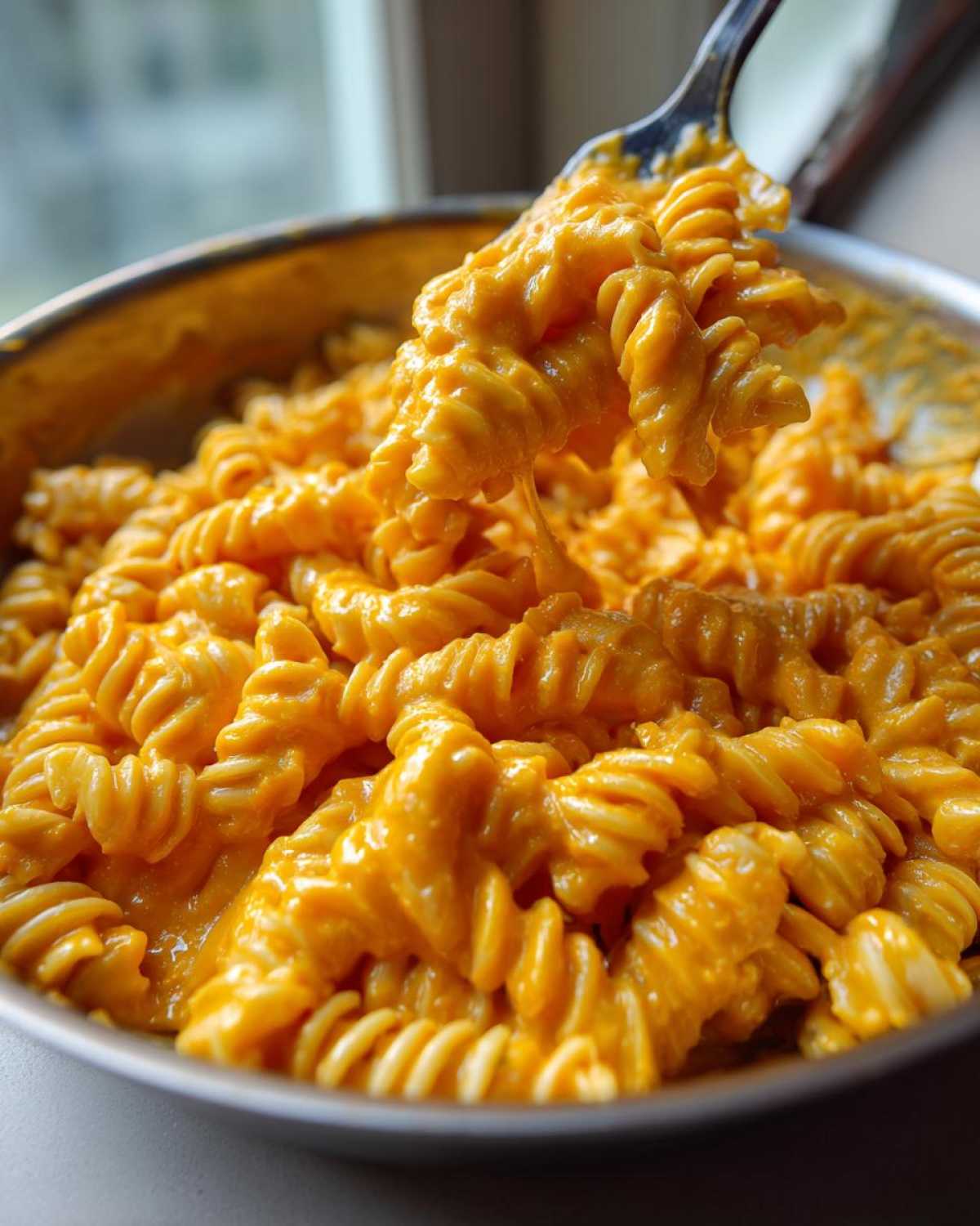 Close-up of fusilli pasta coated in bright orange Vegan Creamy Sweet Potato Mac Sauce being lifted by a fork.