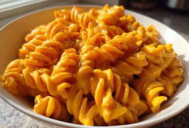 Close-up of rotini pasta coated in bright orange Vegan Creamy Sweet Potato Mac Sauce, sprinkled with paprika.