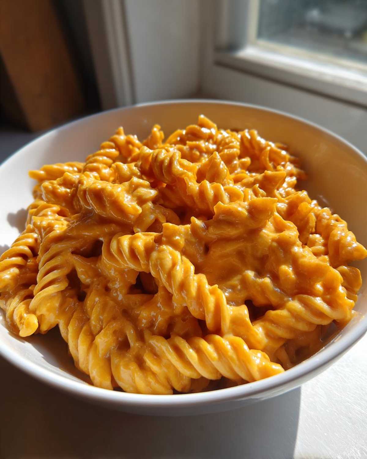 A white bowl filled with fusilli pasta coated in bright orange Vegan Creamy Sweet Potato Mac Sauce.