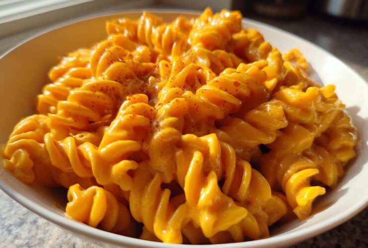 Close-up of rotini pasta coated in bright orange Vegan Creamy Sweet Potato Mac Sauce, sprinkled with paprika.