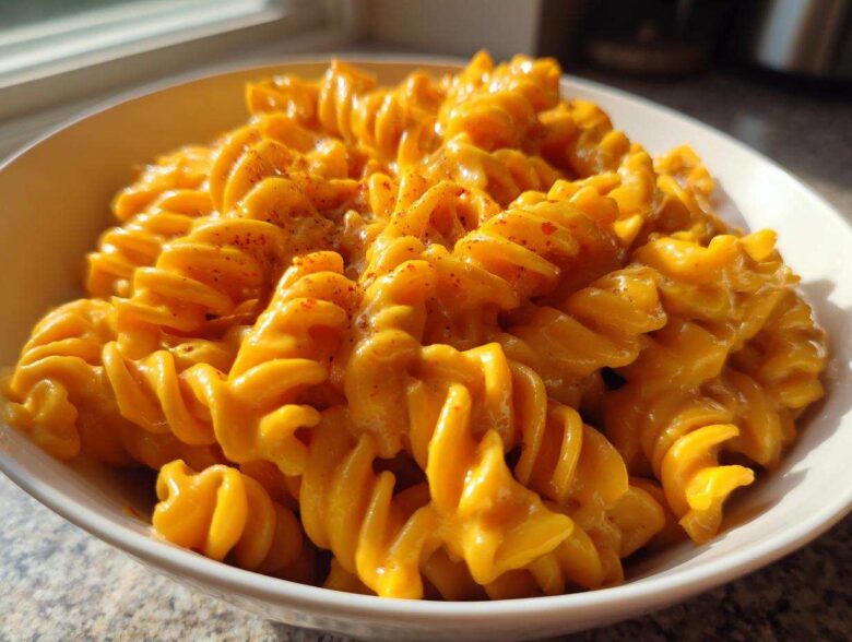 Close-up of rotini pasta coated in bright orange Vegan Creamy Sweet Potato Mac Sauce, sprinkled with paprika.