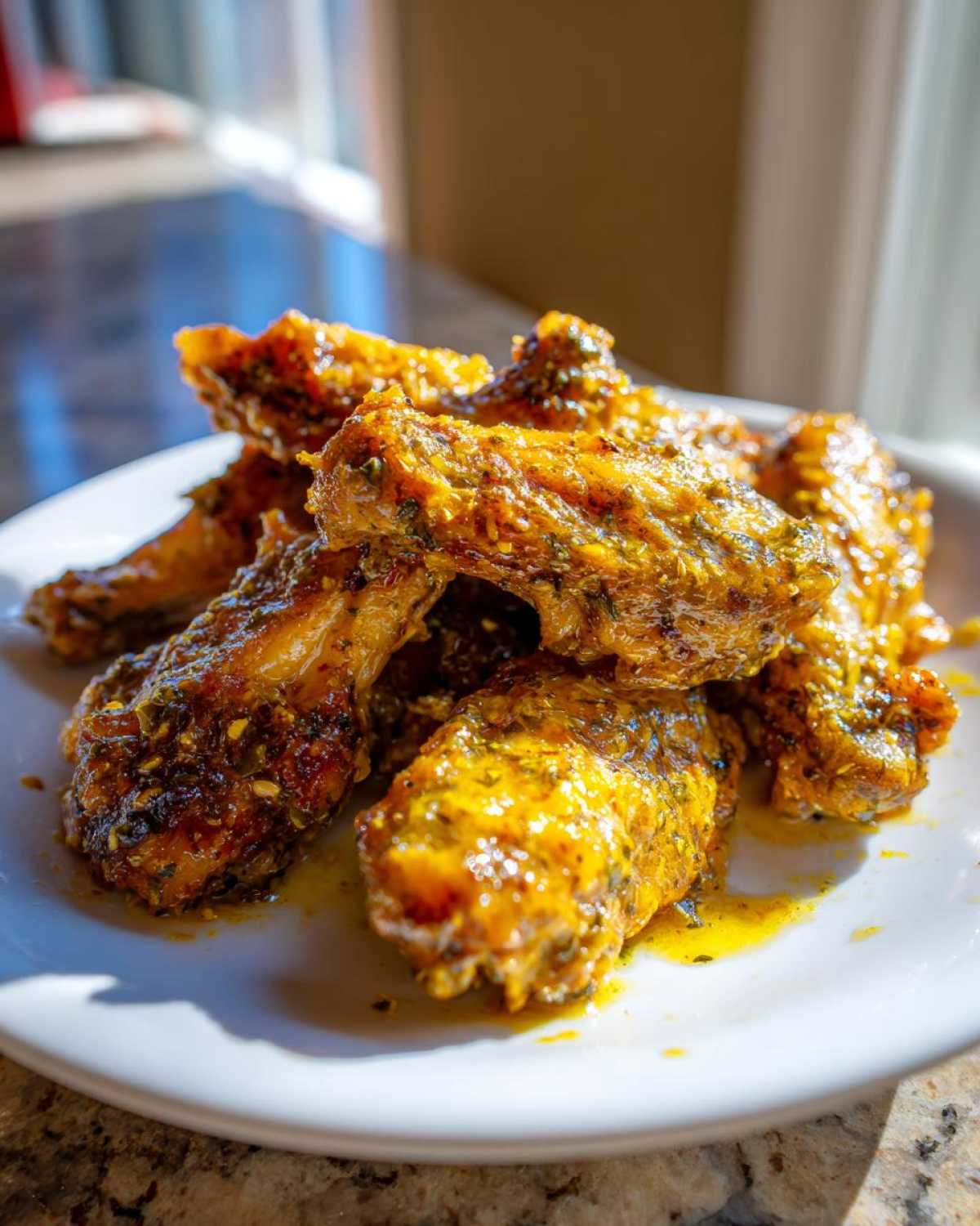 Close-up of crispy chicken wings generously coated in glistening Copycat Garlic Parmesan Wing Sauce on a white plate.
