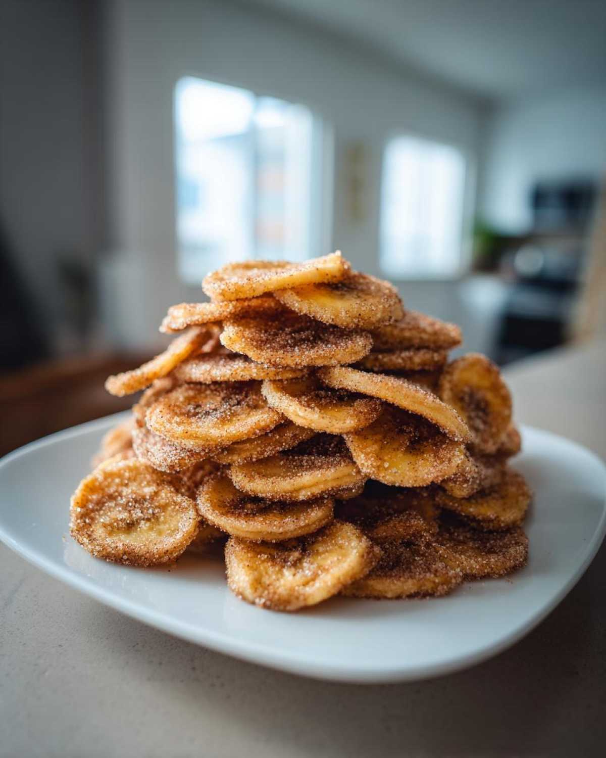 A tall pile of crispy Air Fryer Cinnamon Sugar Banana Chips coated in a sweet cinnamon-sugar mixture on a white plate.