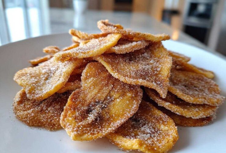 A close-up pile of crispy Air Fryer Cinnamon Sugar Banana Chips dusted heavily with sugar and cinnamon on a white plate.