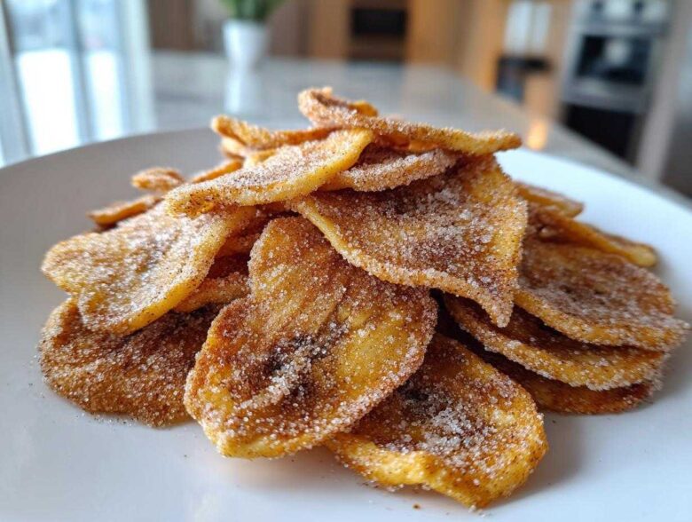 A close-up pile of crispy Air Fryer Cinnamon Sugar Banana Chips dusted heavily with sugar and cinnamon on a white plate.