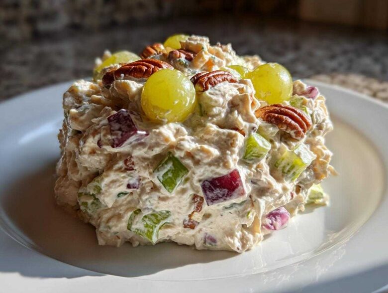 A perfectly molded scoop of The Chicken Salad featuring chicken, celery, red onion, topped with green grapes and pecans.