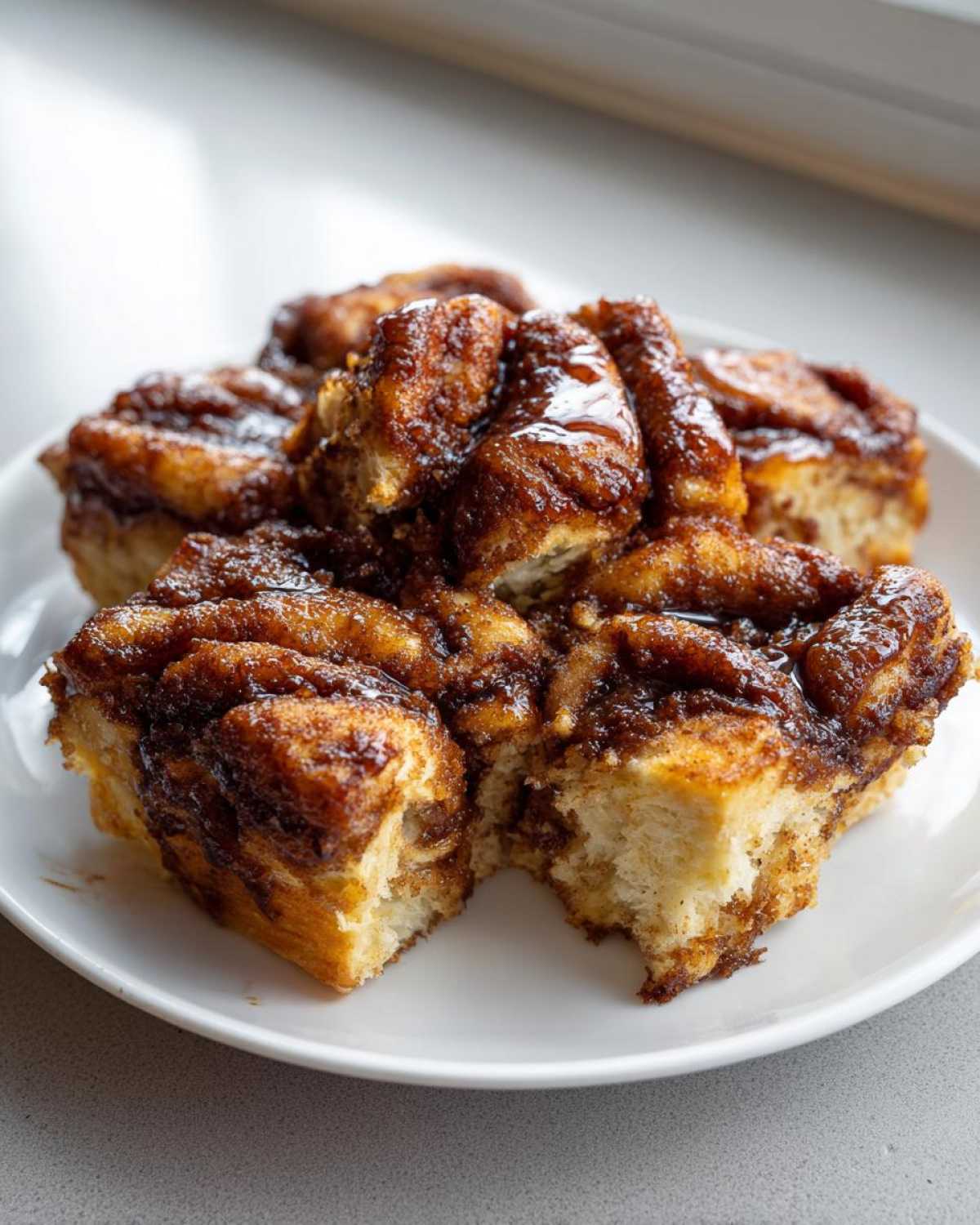 Several gooey, pull-apart pieces of Amish Cinnamon Flop covered in rich brown sugar glaze on a white plate.