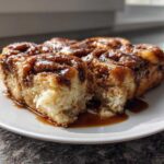 A close-up of several squares of moist Amish Cinnamon Flop covered in rich, dark caramel glaze on a white plate.