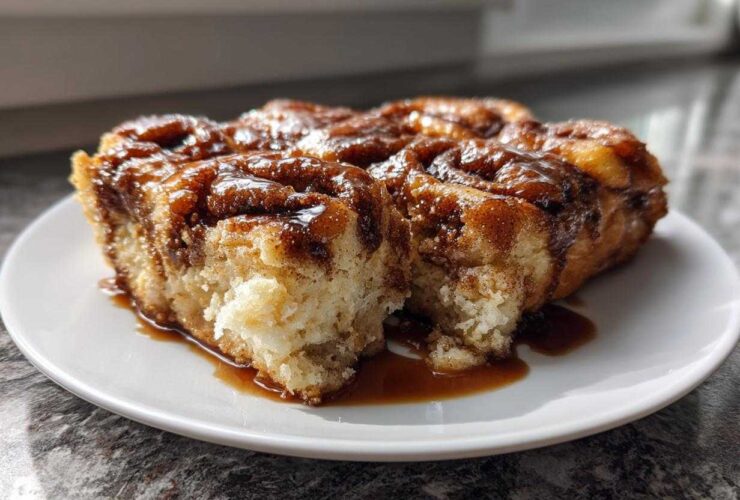 A close-up of several squares of moist Amish Cinnamon Flop covered in rich, dark caramel glaze on a white plate.