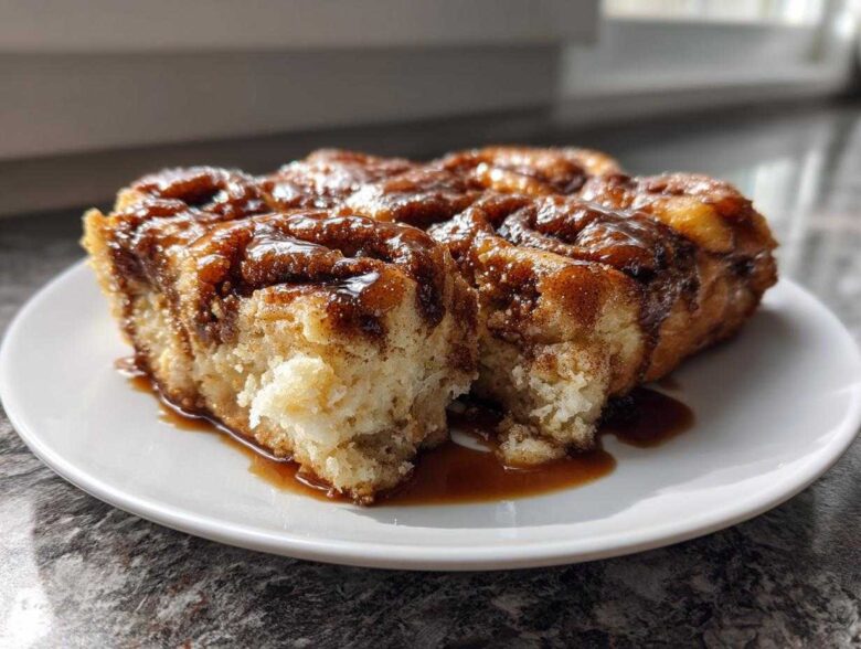 A close-up of several squares of moist Amish Cinnamon Flop covered in rich, dark caramel glaze on a white plate.