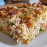A close-up of a square slice of creamy Angel Chicken Rice Casserole with shredded chicken, rice, peas, and carrots, topped with browned cheese.