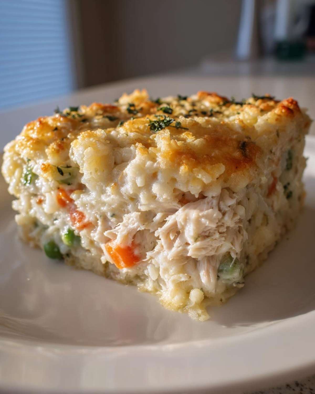 Close-up of a hearty slice of Angel Chicken Rice Casserole showing shredded chicken, rice, peas, and carrots with a golden, cheesy top.