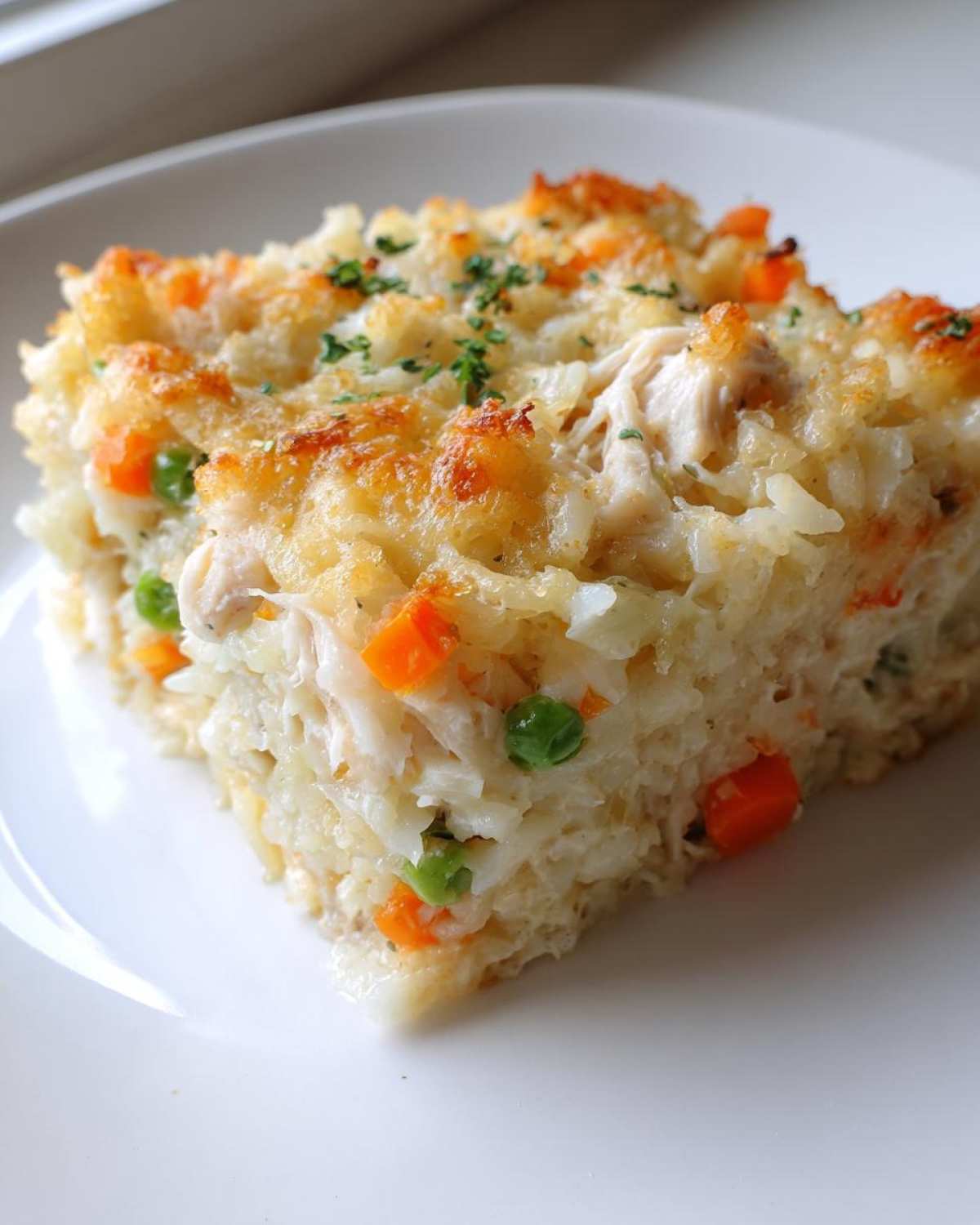 A square serving of Angel Chicken Rice Casserole with shredded chicken, rice, peas, and carrots, topped with melted, browned cheese.