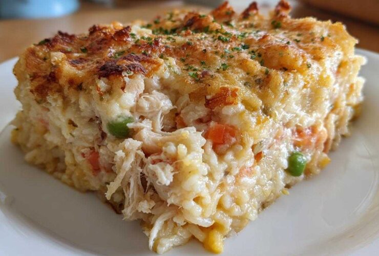 A close-up of a square slice of creamy Angel Chicken Rice Casserole with shredded chicken, rice, peas, and carrots, topped with browned cheese.