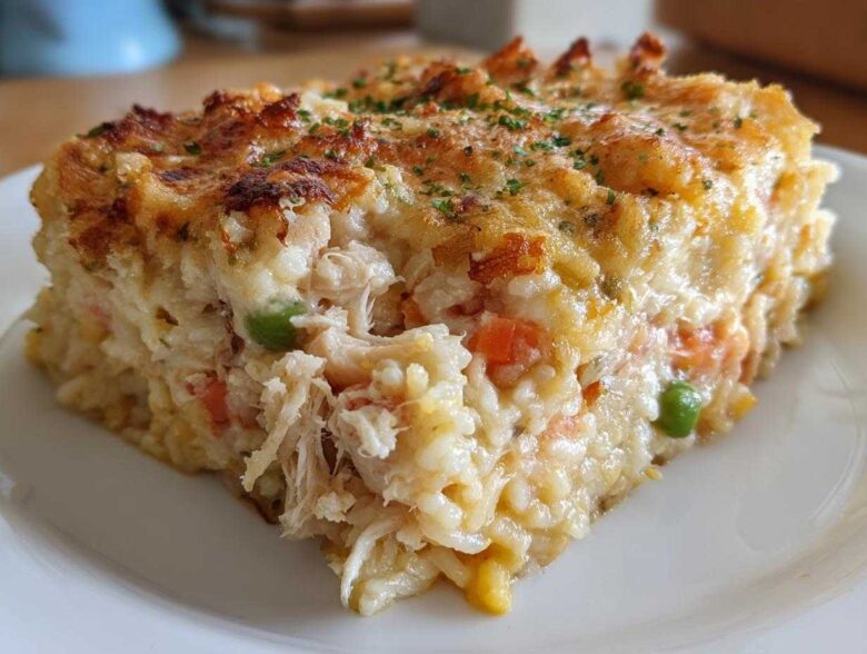 A close-up of a square slice of creamy Angel Chicken Rice Casserole with shredded chicken, rice, peas, and carrots, topped with browned cheese.