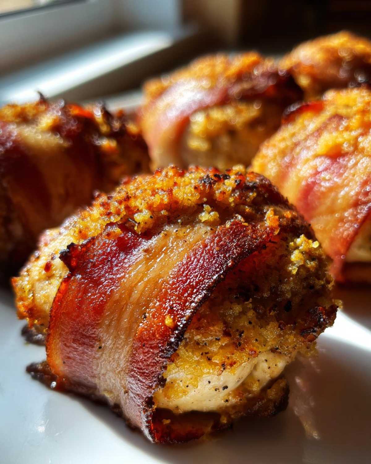 Close-up of crispy, baked Bacon Wrapped Garlic Parmesan Chicken pieces with a golden, seasoned crust.