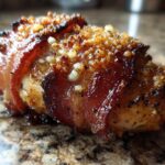 Close-up of a perfectly cooked Bacon Wrapped Garlic Parmesan Chicken piece with crispy bacon and golden topping.