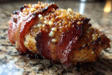 Close-up of a perfectly cooked Bacon Wrapped Garlic Parmesan Chicken piece with crispy bacon and golden topping.