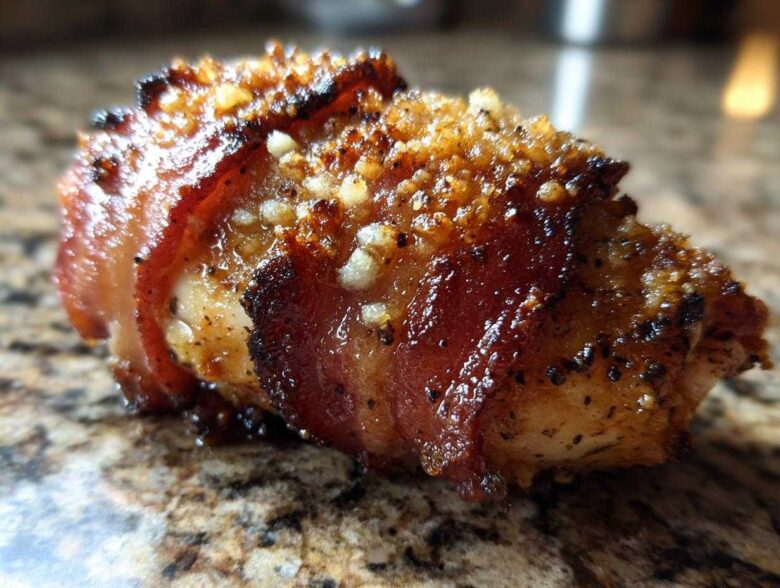 Close-up of a perfectly cooked Bacon Wrapped Garlic Parmesan Chicken piece with crispy bacon and golden topping.