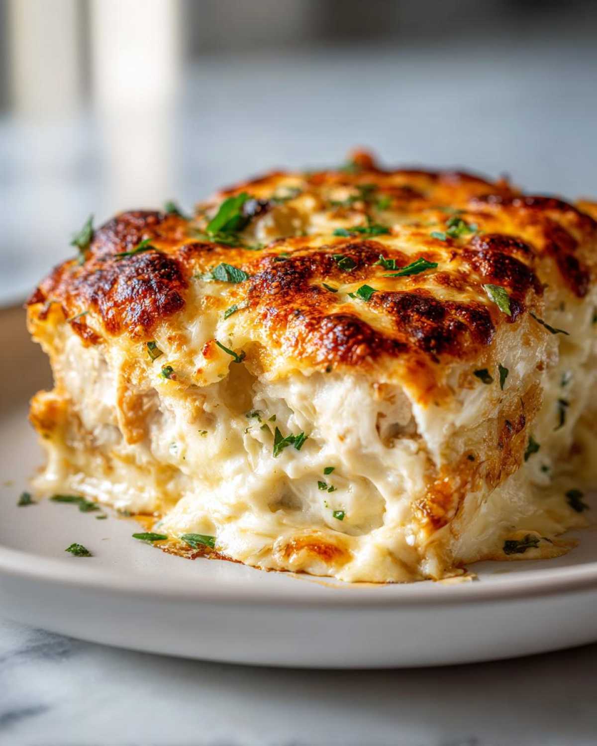 A decadent serving of Baked Caesar Chicken with Creamy Parmesan Sauce, showing a thick, cheesy, browned topping.