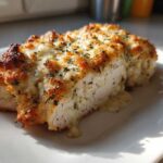 A cross-section of Baked Caesar Chicken with Creamy Parmesan Sauce, showing juicy white meat topped with melted, browned cheese and herbs.