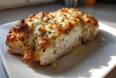 A cross-section of Baked Caesar Chicken with Creamy Parmesan Sauce, showing juicy white meat topped with melted, browned cheese and herbs.