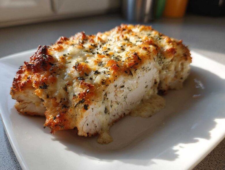 A cross-section of Baked Caesar Chicken with Creamy Parmesan Sauce, showing juicy white meat topped with melted, browned cheese and herbs.